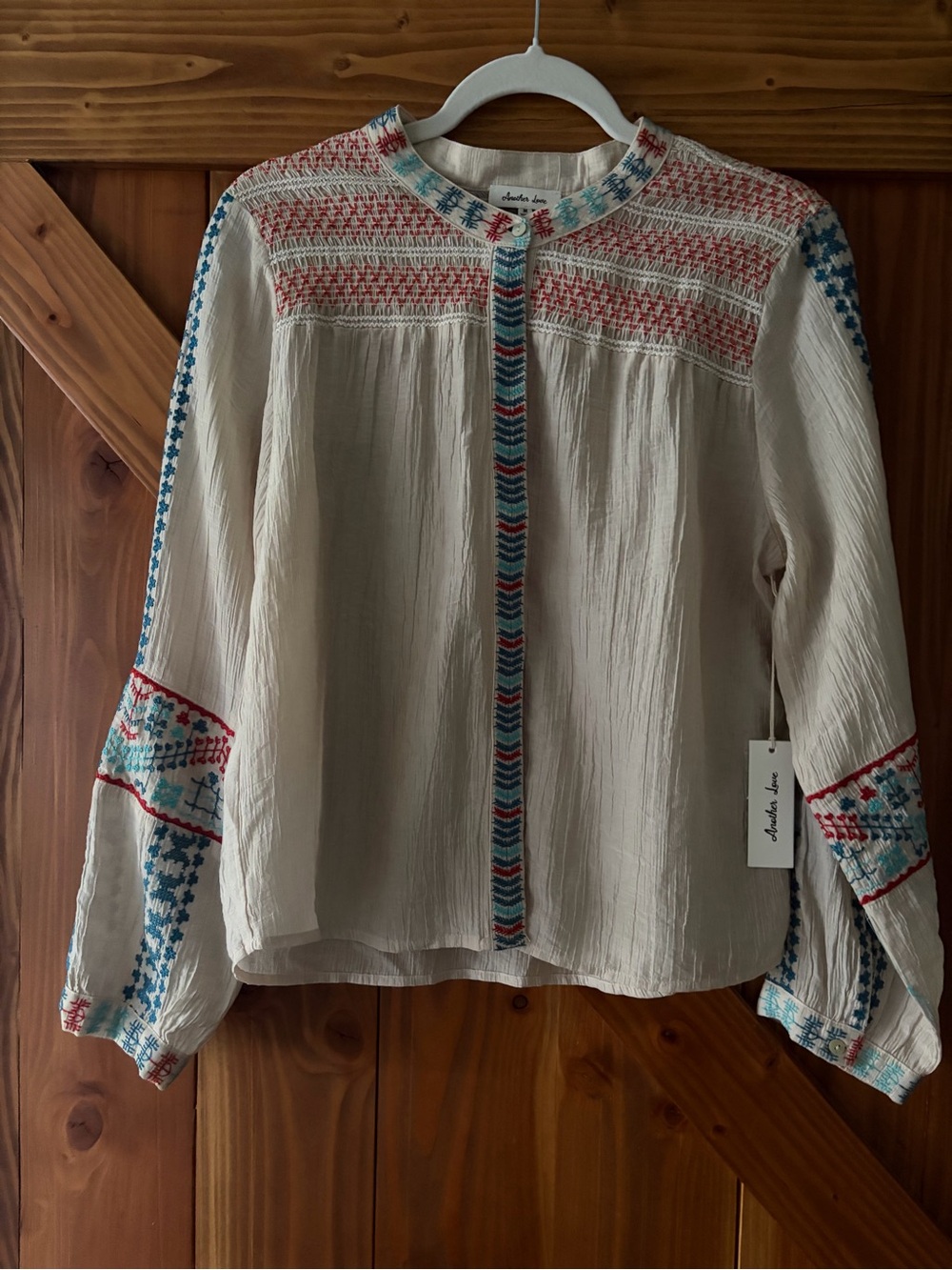 Another Love Cream Embroidered Peasant Blouse with Red & Blue Accents